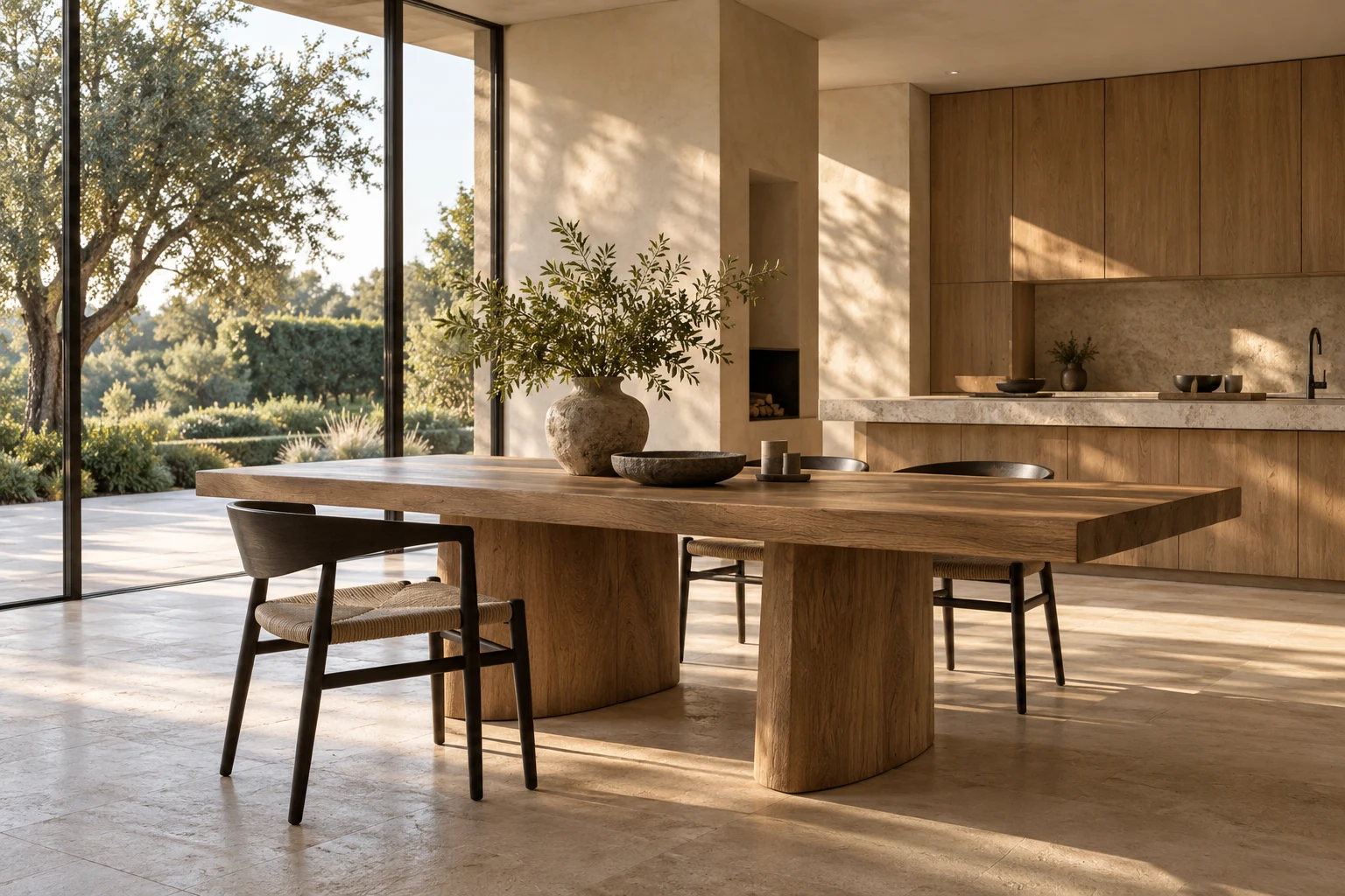 Concept interior with warm oak, limestone and sunlight from a garden